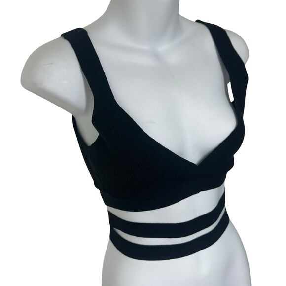 Live The Process Crop Top Women Small Theda Black Ribbed Knit Tie Detail Stretch - Picture 4 of 12
